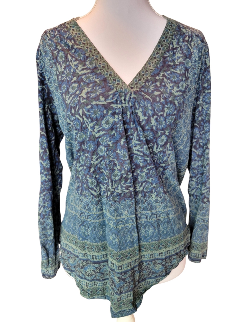 Lucky Brand Blue Green Floral Botanical Print Long Sleeve Vneck Blouse Top